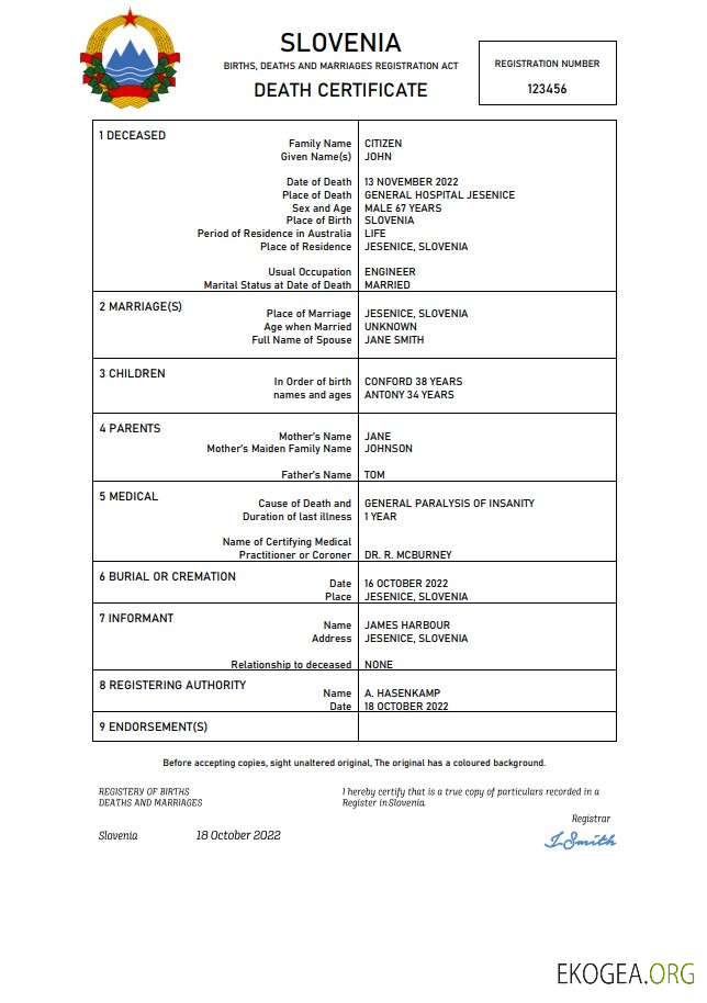 Modèle Word et PDF de certificat de décès de l'état civil de Slovénie